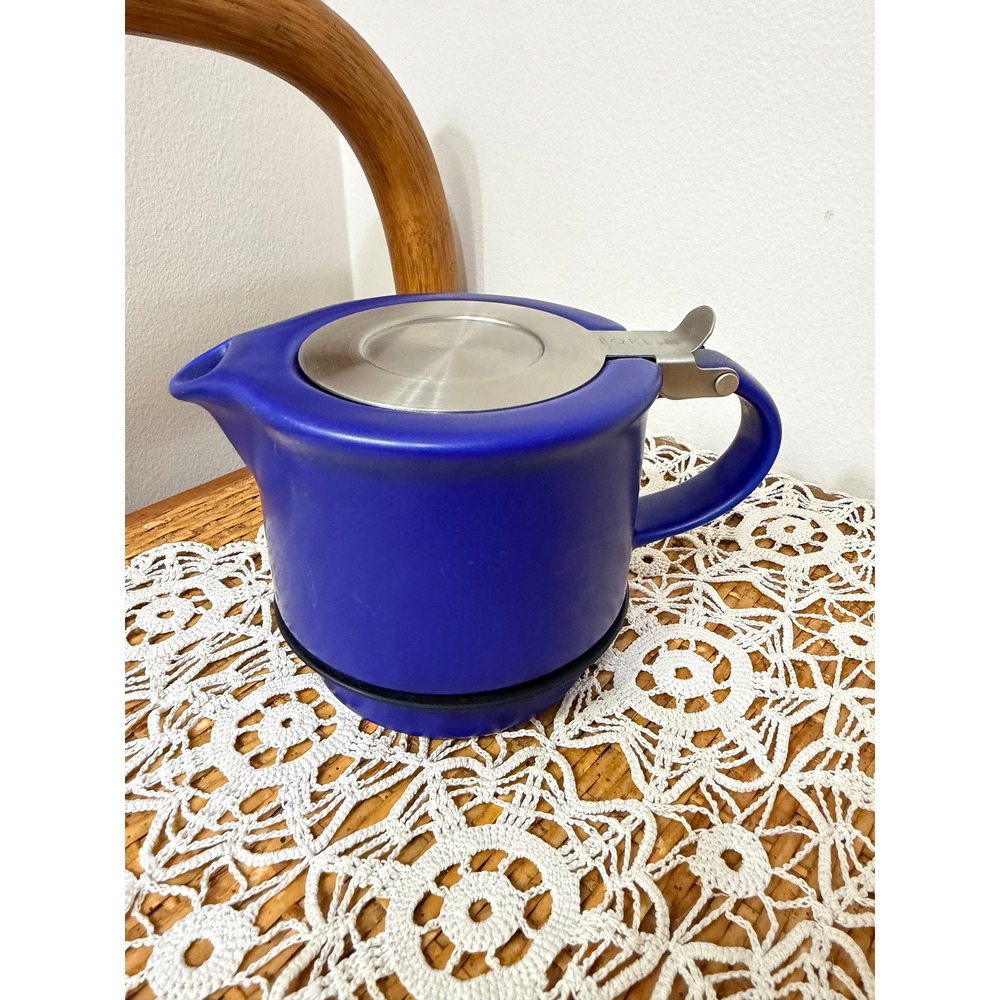 Teavana FORLIFE Cobalt Blue Ceramic Teapot 14oz Stackable Stainless Flip Top Lid